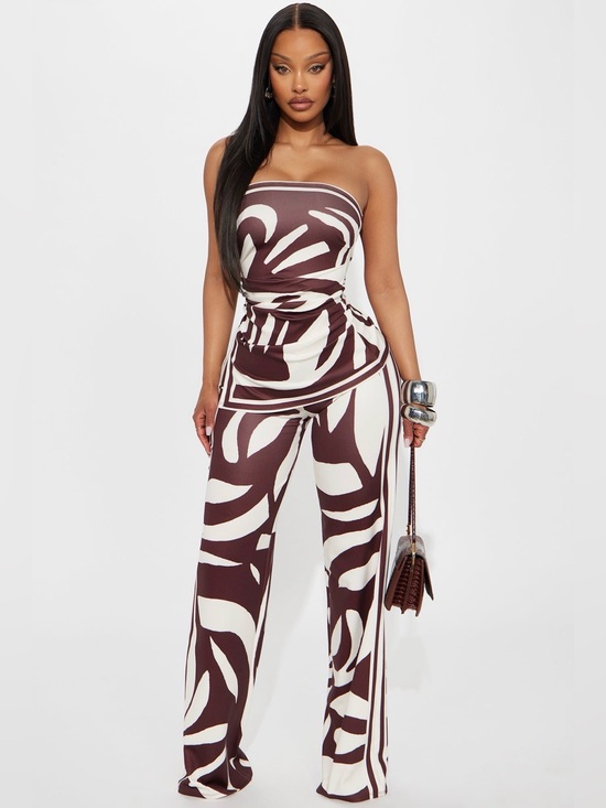 Fashion Nova Pants - Strapless Brown & White Print 2 Piece
